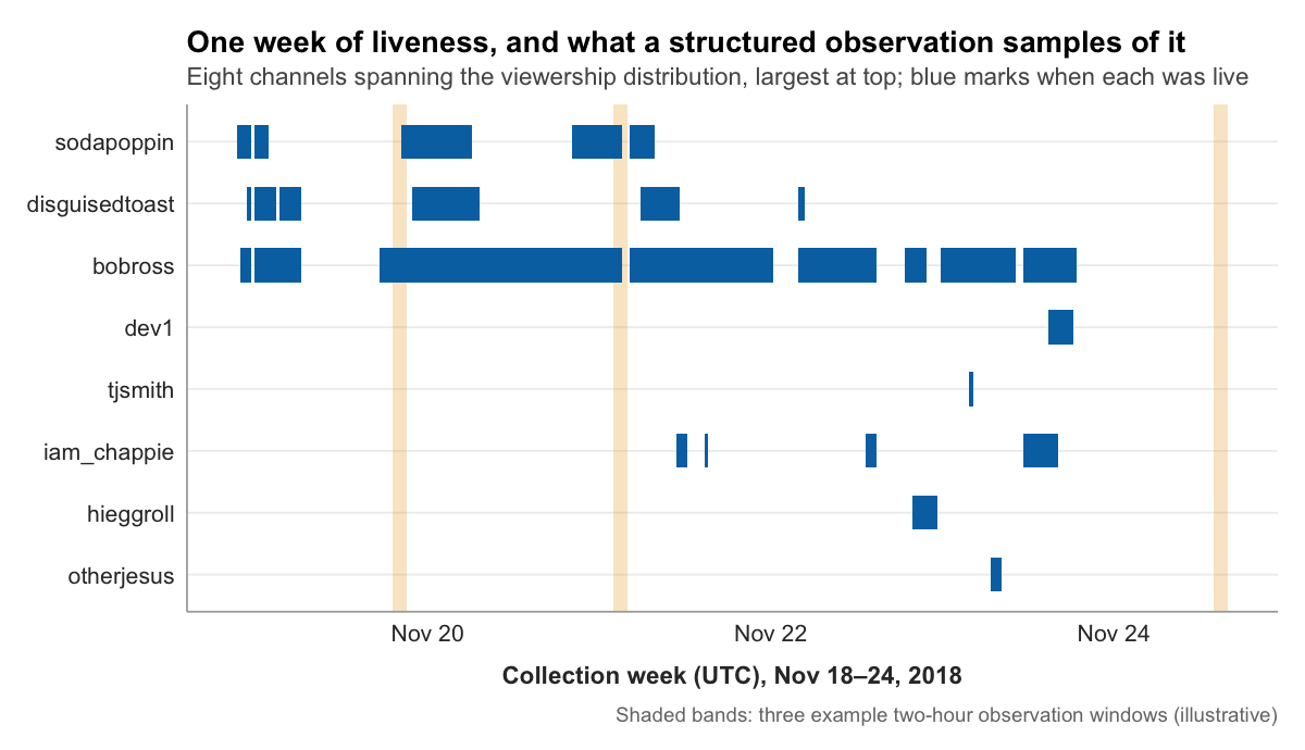 A weekly timeline for eight Twitch channels chosen to span the viewership distribution, largest at top, with blue bars marking when each channel was actually live during the November 18 to 24 collection week. The large channels are live daily for long stretches; the small channels near the bottom appear once or twice all week. Three shaded vertical bands mark example two-hour structured observation windows at different days and hours; the windows are illustrative, and together they intersect the big channels easily but catch the small ones only by deliberate placement.